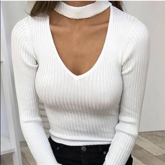 White Fox Boutique Tops - White Long Sleeve Choker Shirt